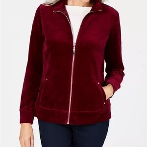XS Karen Scott Deep Red Velour Zip-Up Jacket